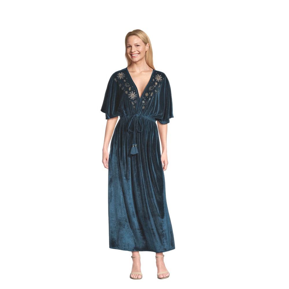 World Market Mira Celestial Velvet Dress Teal Blue S/M Boho Stars Moon Kaftan